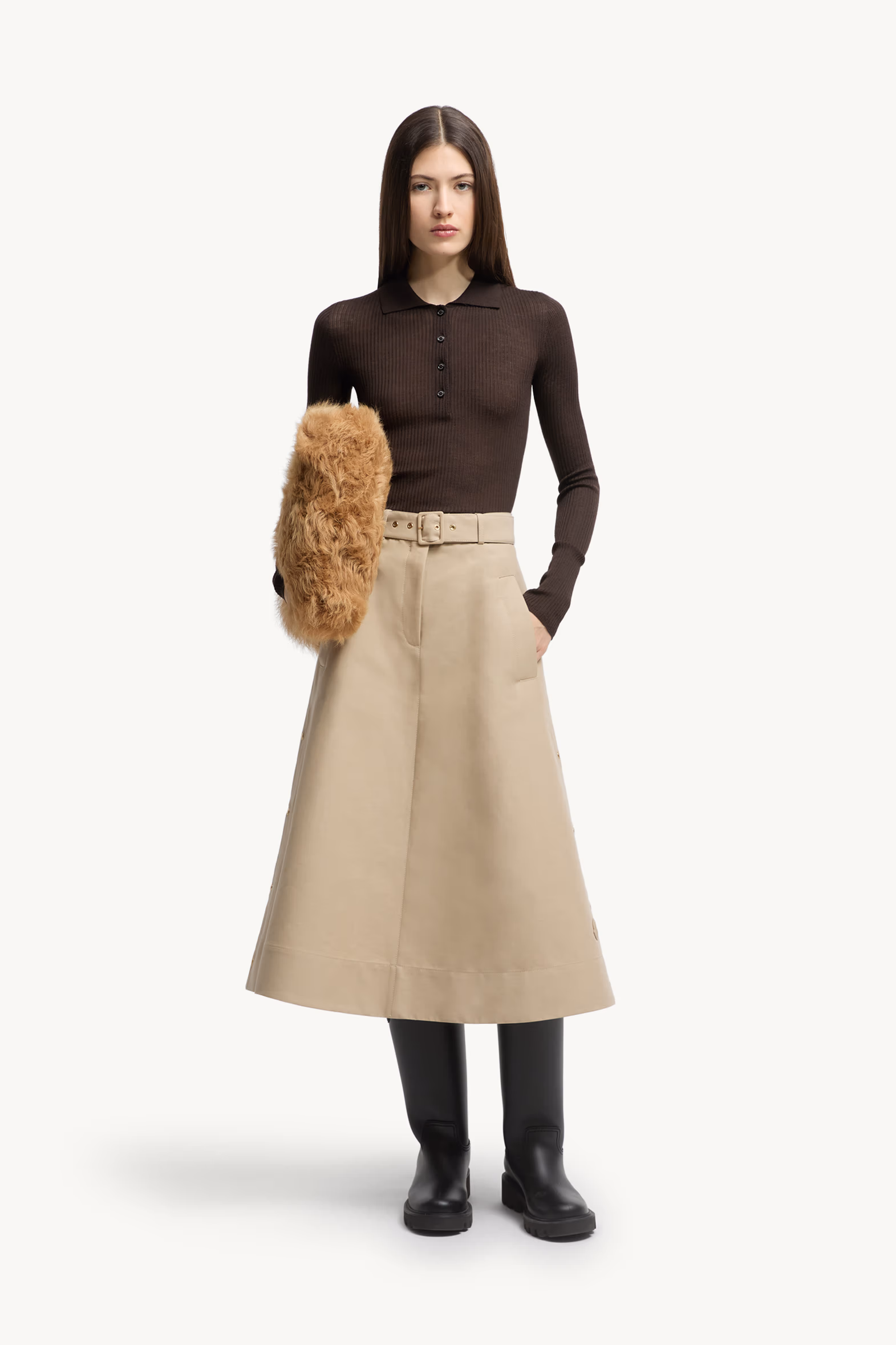 Wool Long Sleeve Polo Shirt Women Brown Moncler 0